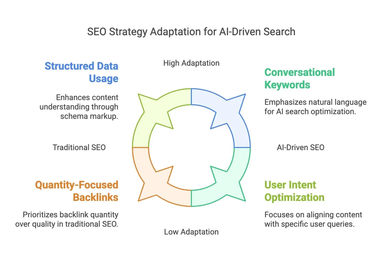 A diagram showcasing key elements of an SEO strategy aimed at improving ad-driven search effectiveness and engagement.