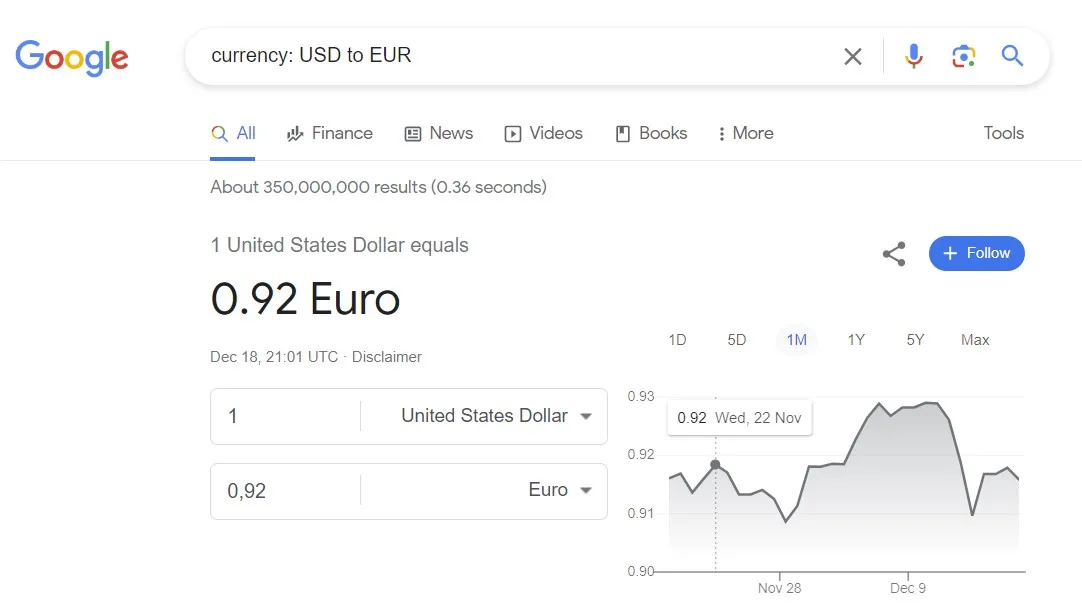 currency search operator converting USD to EUR in Google search