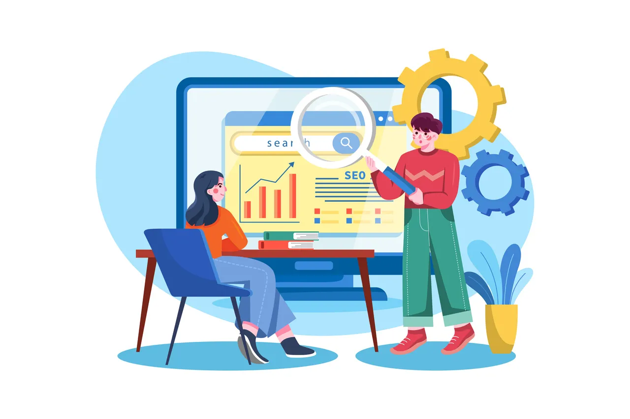 eine Illustration, die zwei Personen bei der Keyword-Recherche zeigt