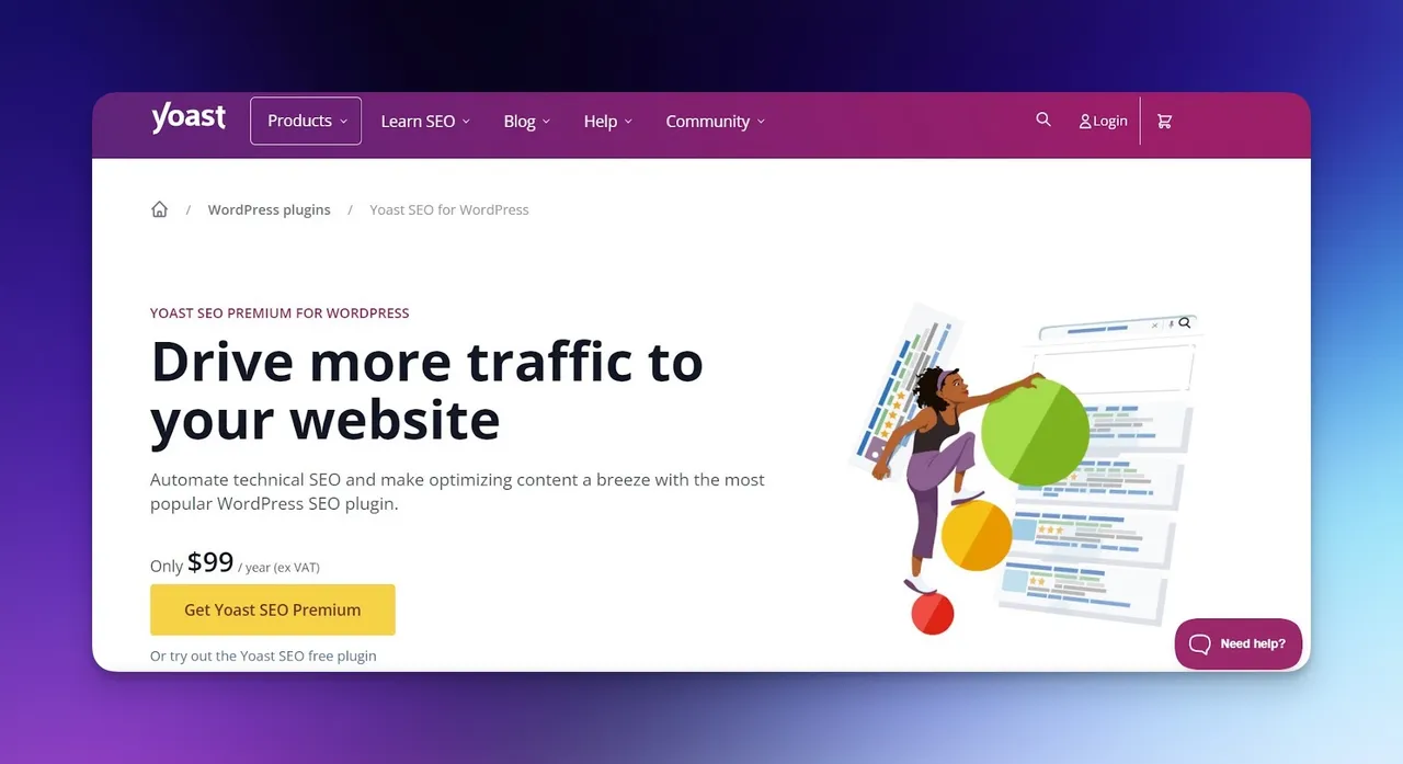 Yoast SEO Plugin-Startseite mit dem WordPress SEO-Optimierungstool, Funktionen und Preisen