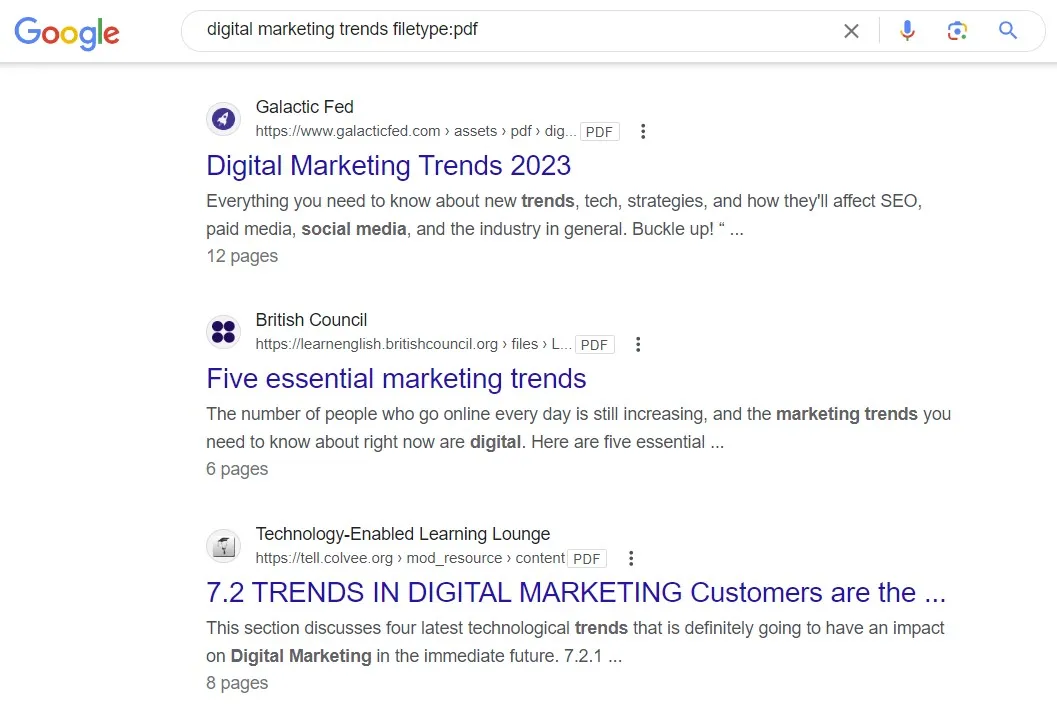 filetype search operator limiting Google results to PDF documents