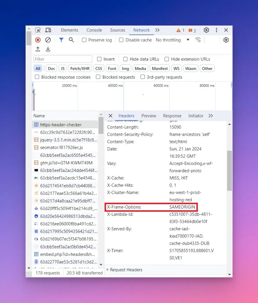 Überprüfung der X-Frame-Optionen mit den Chrome-Entwickler-Tools