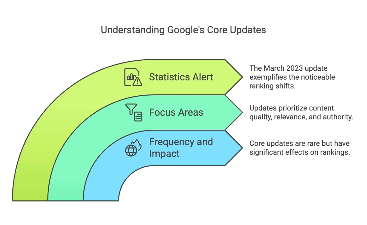 Infografik mit wichtigen Erkenntnissen zu Google Core Updates und deren Auswirkungen auf Suchrankings