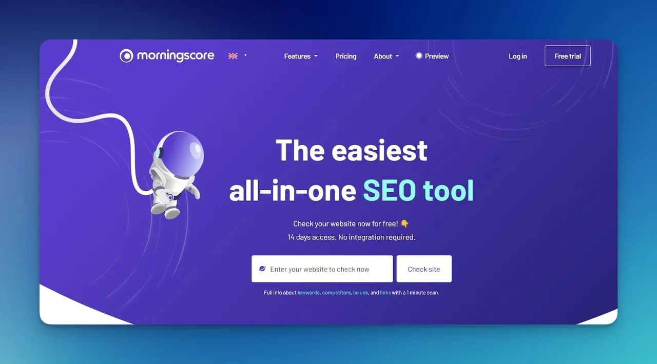 Morningscore SEO tool interface with gamified health score and task prioritization features