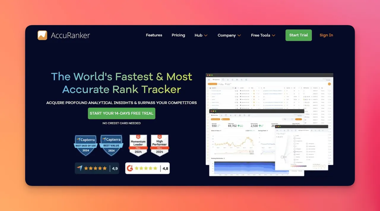 AccuRanker dashboard with SERP history graphs showing keyword position changes over time with competitor comparison