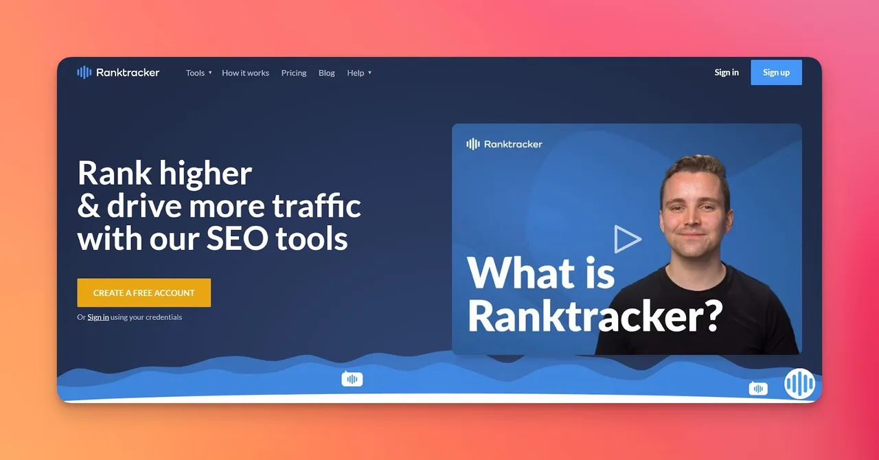 Ranktracker homepage showing the main dashboard with keyword tracking features and SERP analysis tools