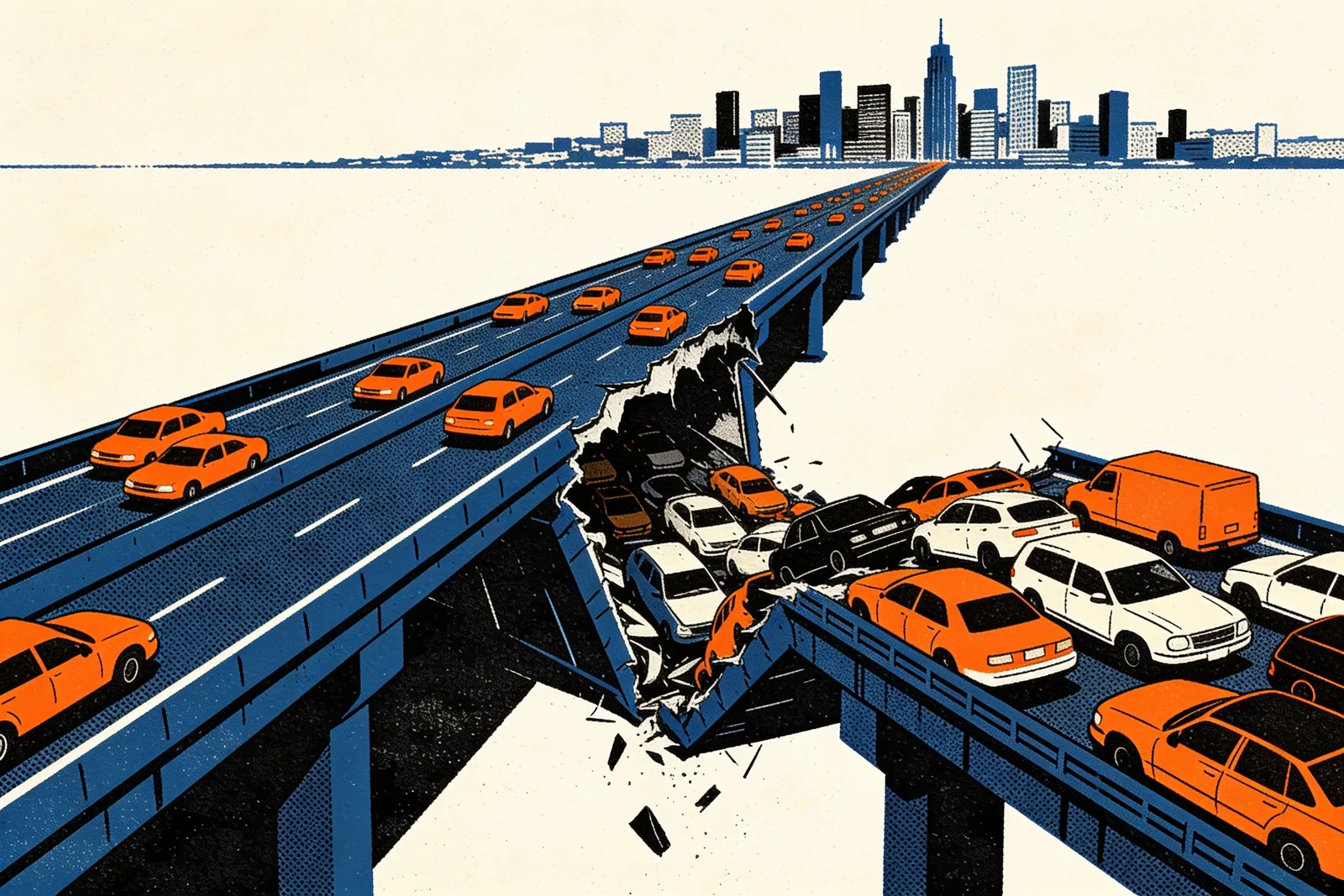 Eine Autobahn Richtung Stadt bricht an einer eingestürzten Spannweite ab, Fahrzeuge stauen sich davor