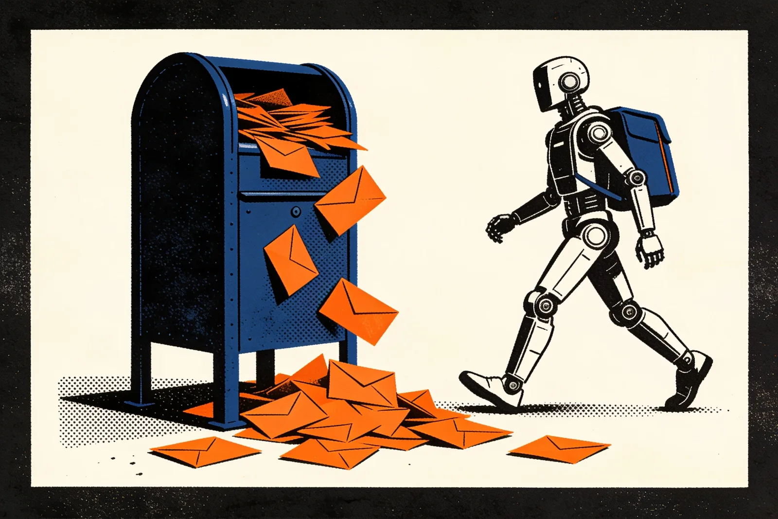 Blue mailbox overflowing with unopened orange envelopes as a robot courier strides past without looking