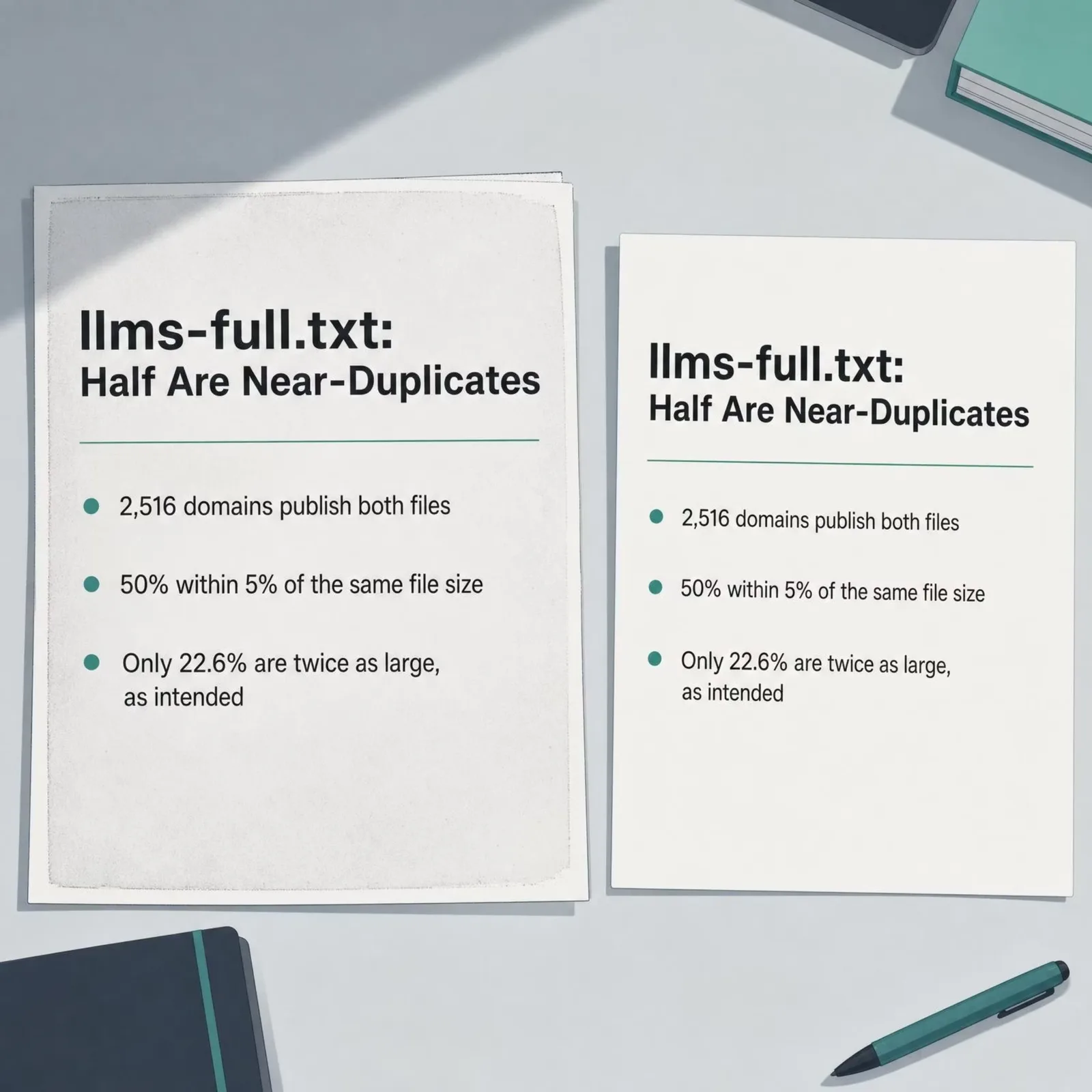 Card on llms-full.txt: 2,516 domains publish both files, 50% are within 5% of the same size, only 22.6% are twice as large