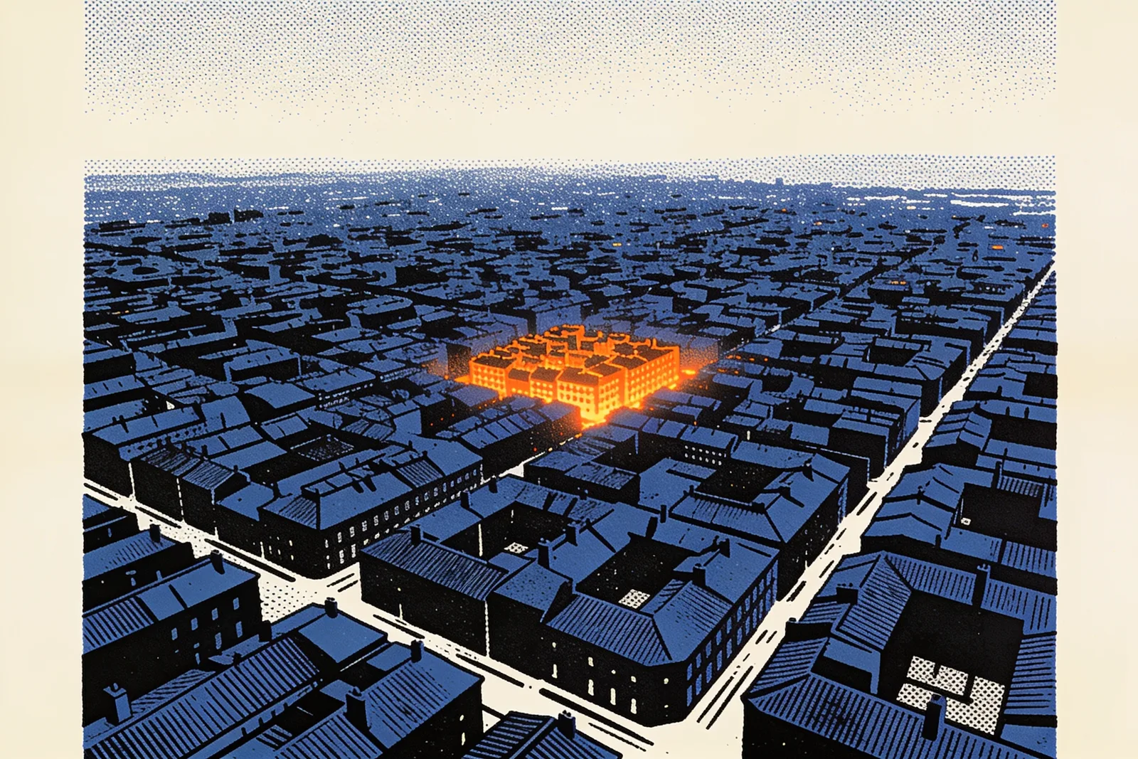 Aerial view of a vast dark blue city with a single small district lit bright orange near its centre