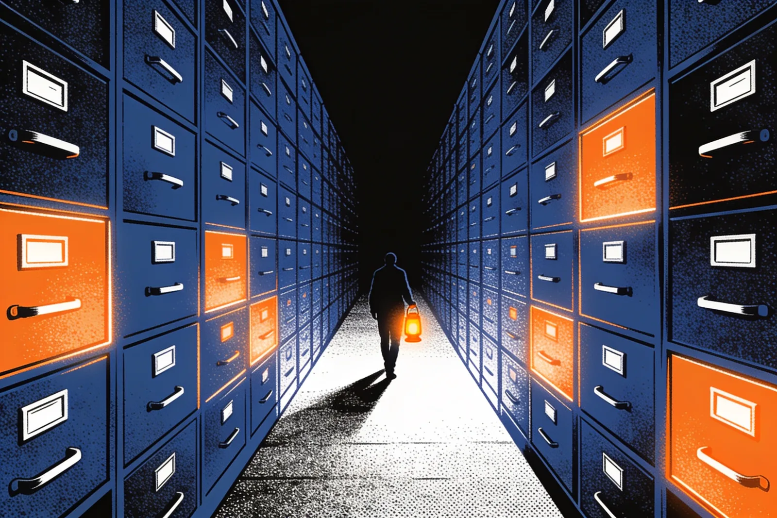 Lone figure with a lantern walking an endless archive of filing cabinets, a few drawers glowing among thousands shut