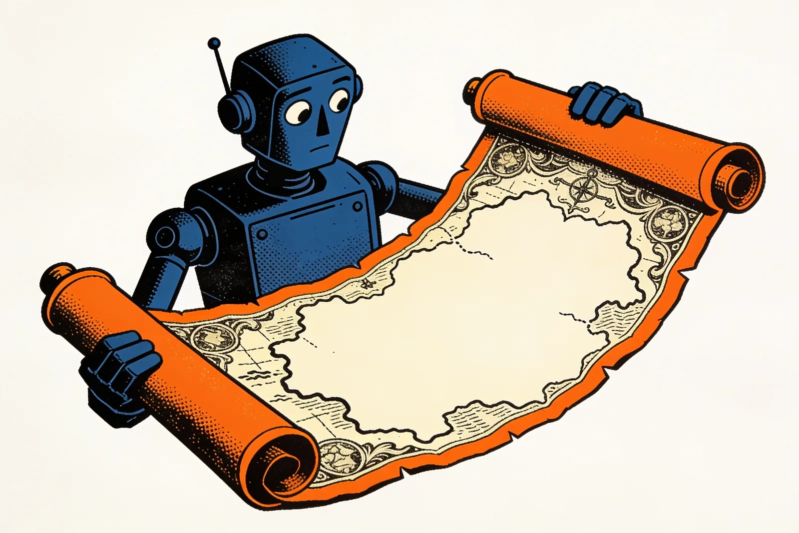 Puzzled blue robot unrolling an ornate treasure map whose parchment is completely blank, with no roads or destinations