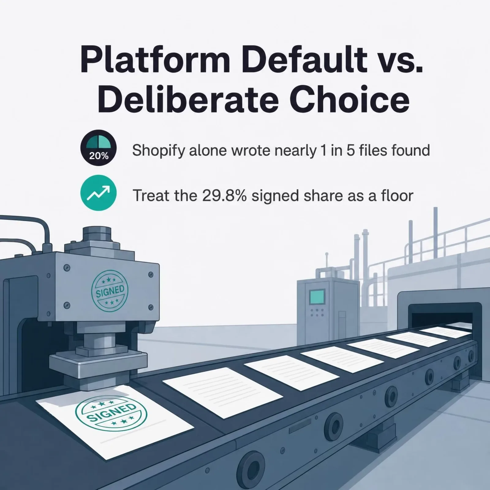 Card contrasting platform default with deliberate choice: Shopify wrote nearly 1 in 5 llms.txt files, and the 29.8% signed share is a floor