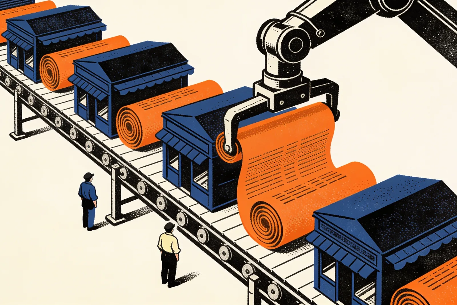 Factory arm stamping identical orange scrolls onto passing blue shopfronts while shopkeepers stand by unaware