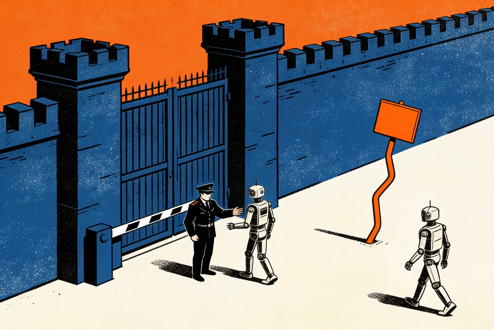 Guard turning a robot away at a fortified gate while a second robot walks straight past a flimsy signpost