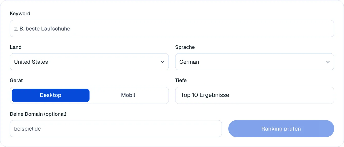 Formular des kostenlosen Google SERP Rank Checkers von SEOmator mit Feldern für Keyword, Land, Sprache, Gerät, Tiefe und Domain