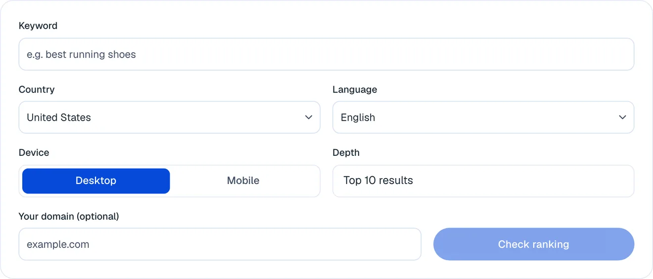 SEOmator's free Google SERP rank checker form with keyword, country, language, device, depth and domain fields