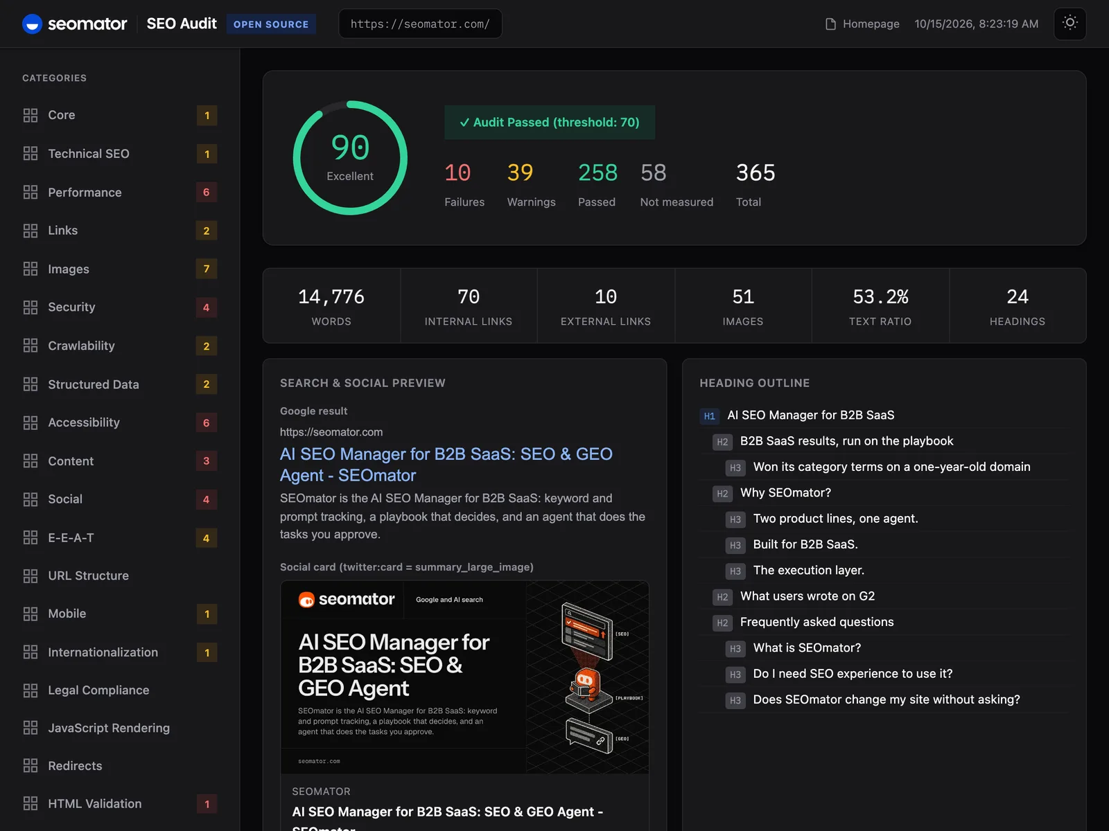 HTML-Bericht der SEOmator-CLI für seomator.com: Score 90, 10 Fehler, 39 Warnungen, 365 Regeln