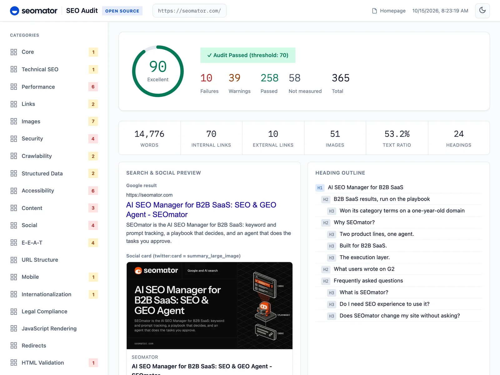 HTML-Bericht der SEOmator-CLI für seomator.com: Score 90, 10 Fehler, 39 Warnungen, 365 Regeln