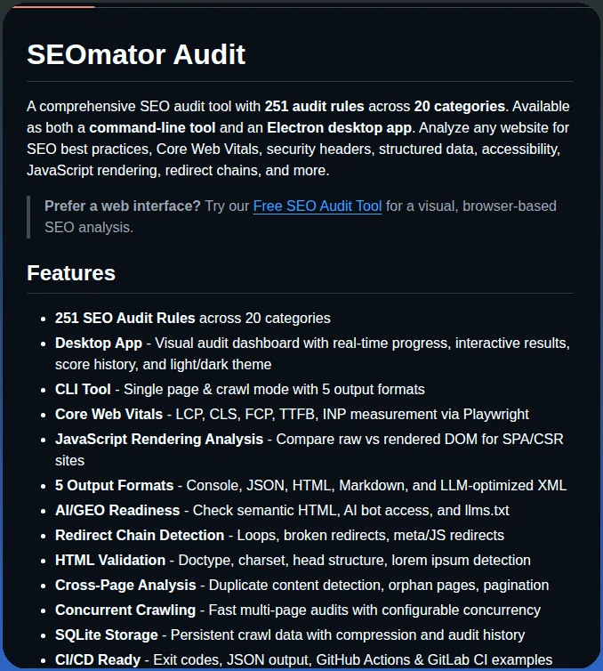 Die README von seo-audit-skill im Mai 2026: SEOmator Audit, 251 Audit-Regeln in 20 Kategorien, als Kommandozeilen-Tool und als Electron-Desktop-App