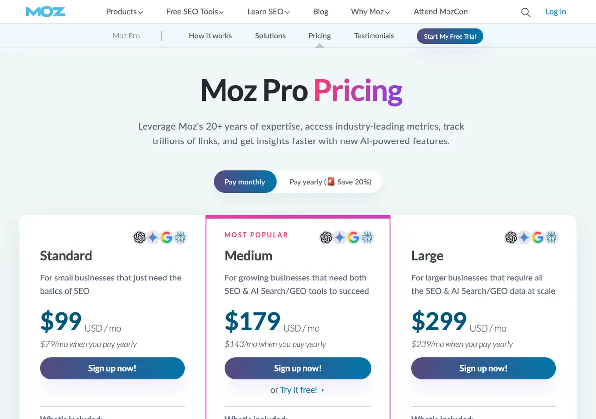 Moz Pro pricing, monthly view: Standard $99, Medium $179, Large $299 per month