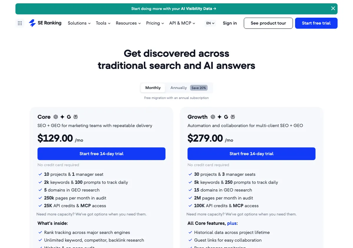 SE Ranking pricing, monthly view: Core $129 and Growth $279 per month, 14-day free trial
