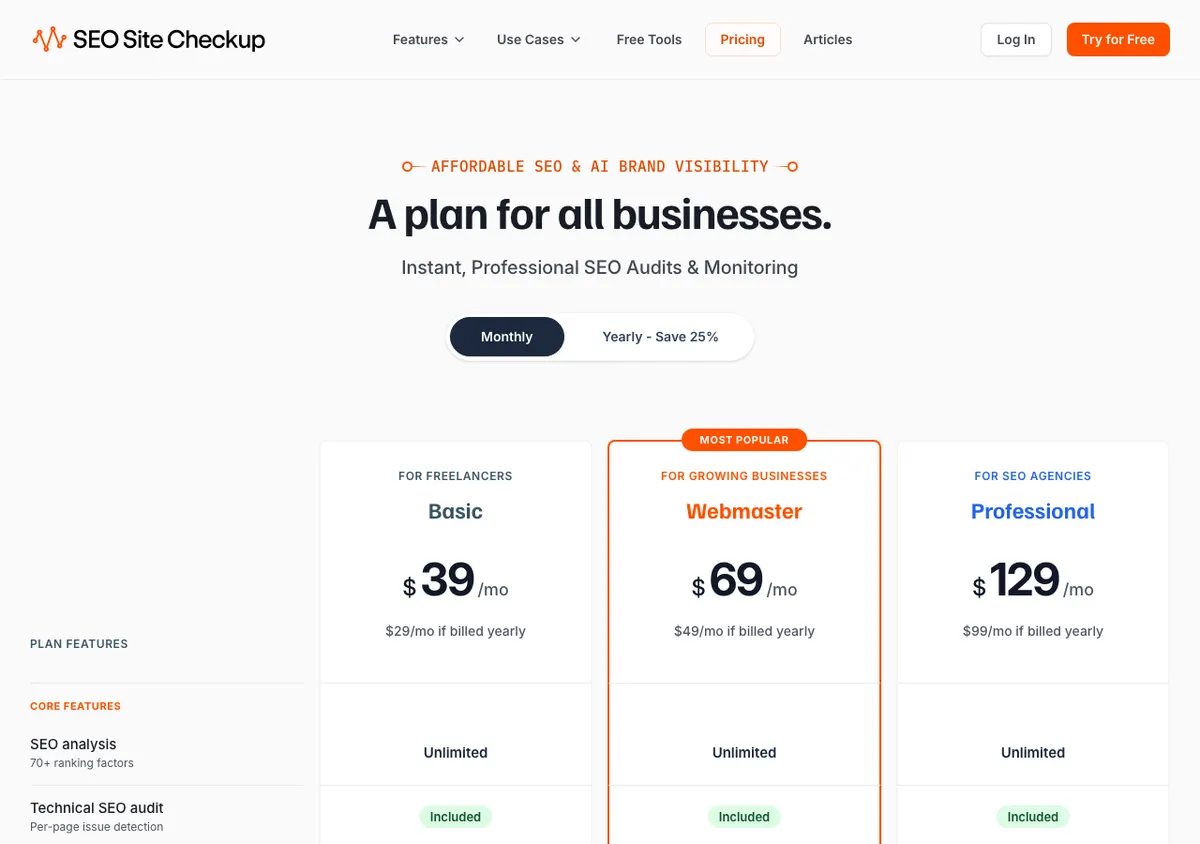 SEO Site Checkup pricing, monthly view: Basic $39, Webmaster $69, Professional $129 per month