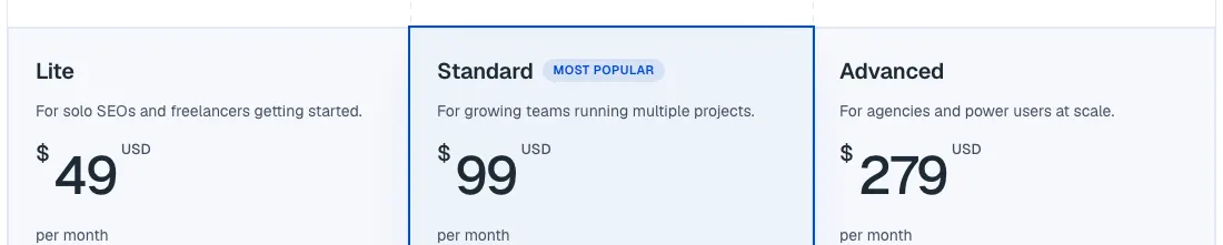 SEOmator pricing cards: Lite $49, Standard $99 and Advanced $279 per month