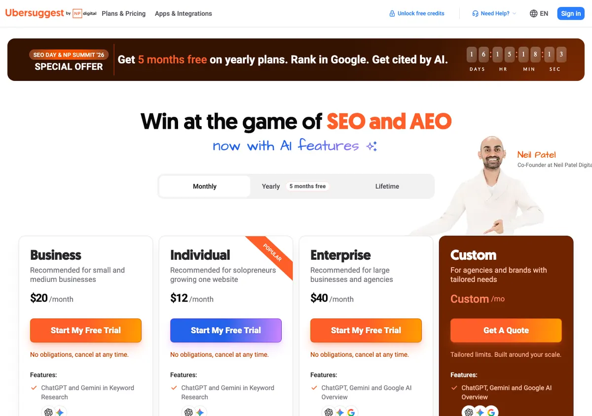 Ubersuggest pricing page, monthly view: Individual $12, Business $20, Enterprise $40 per month