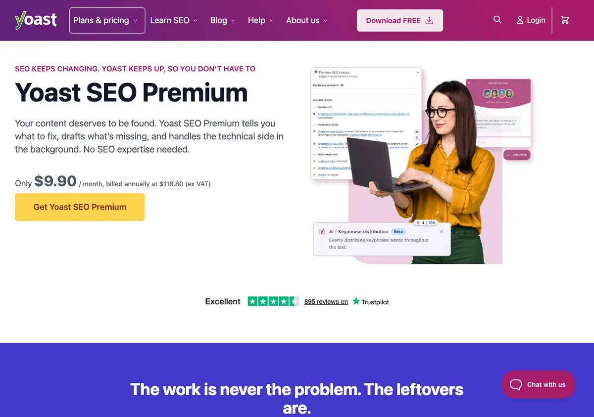 Yoast SEO Premium product page showing $9.90 a month, billed annually at $118.80 excluding VAT