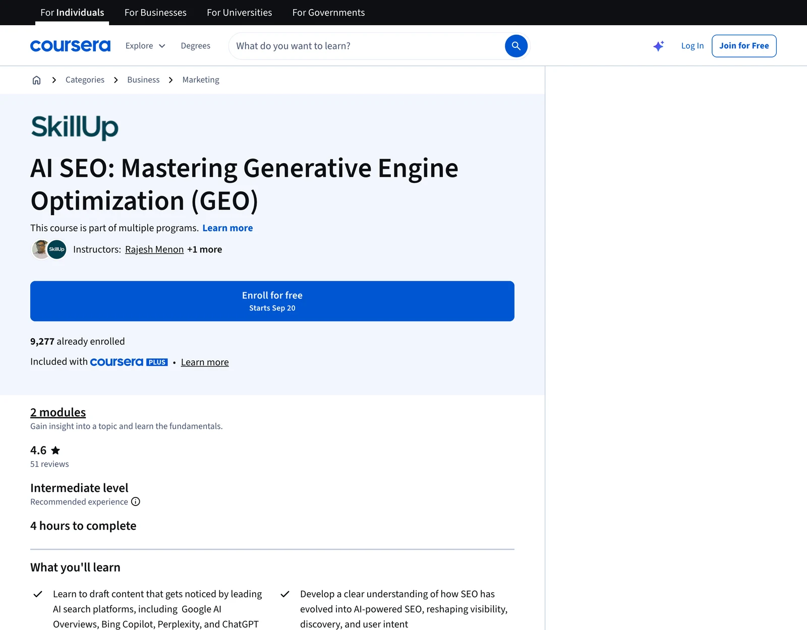 SkillUp AI SEO course on Coursera showing its instructor, rating, level, and duration
