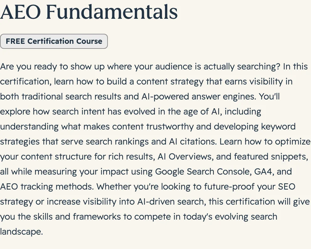 HubSpot AEO Fundamentals public course page showing its free certification and curriculum