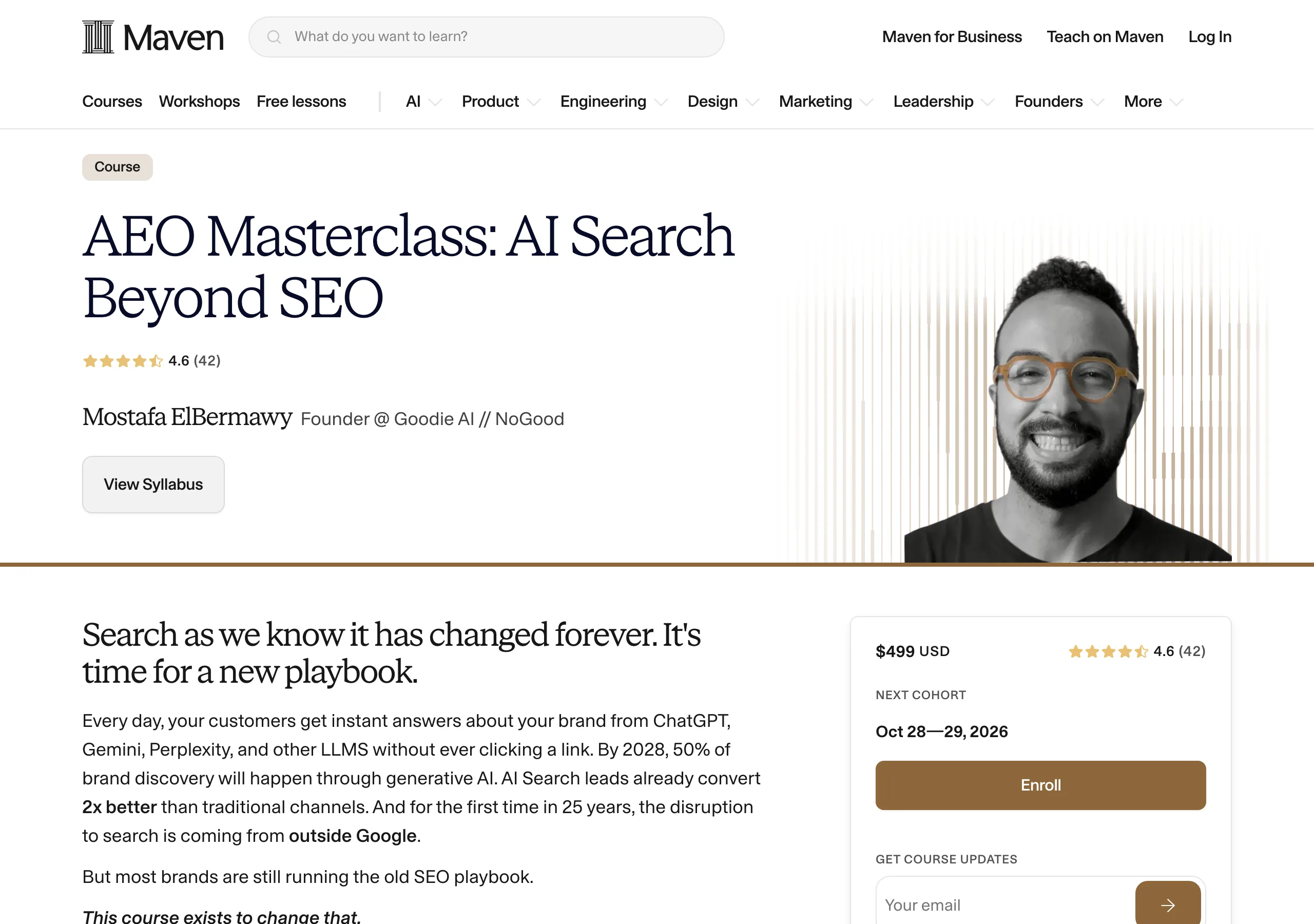 Maven AEO Masterclass public enrollment page displaying its instructor and upcoming cohort