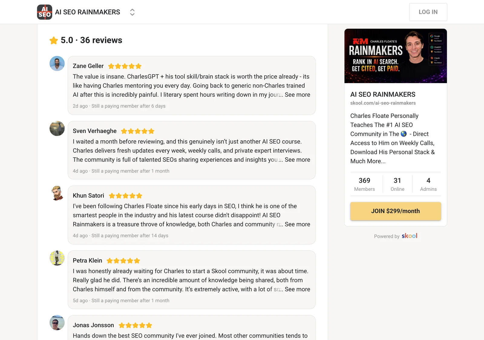 AI SEO Rainmakers public Skool reviews showing member feedback and its five-star aggregate rating