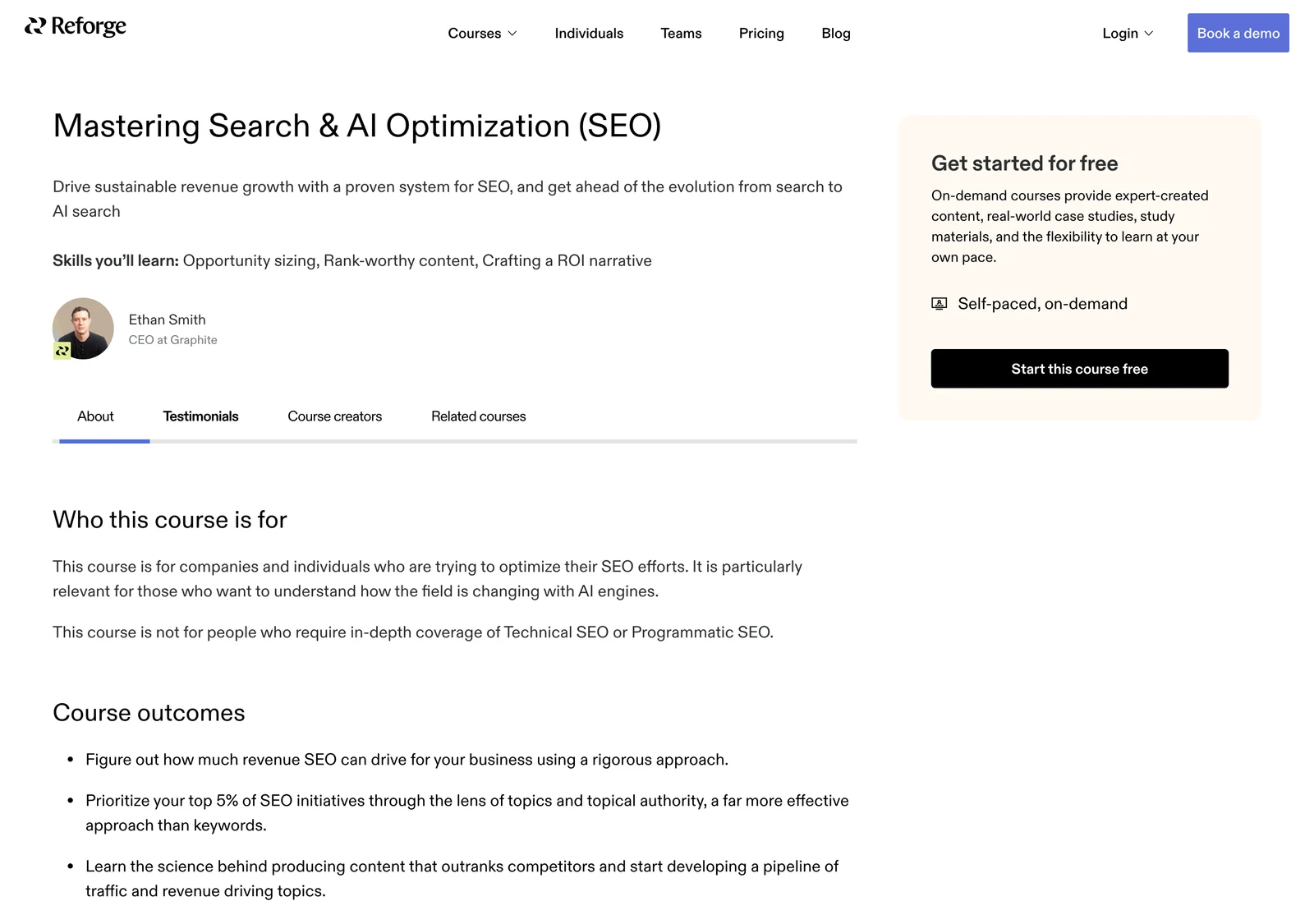 Reforge search and AI optimization course overview showing Ethan Smith and learning outcomes