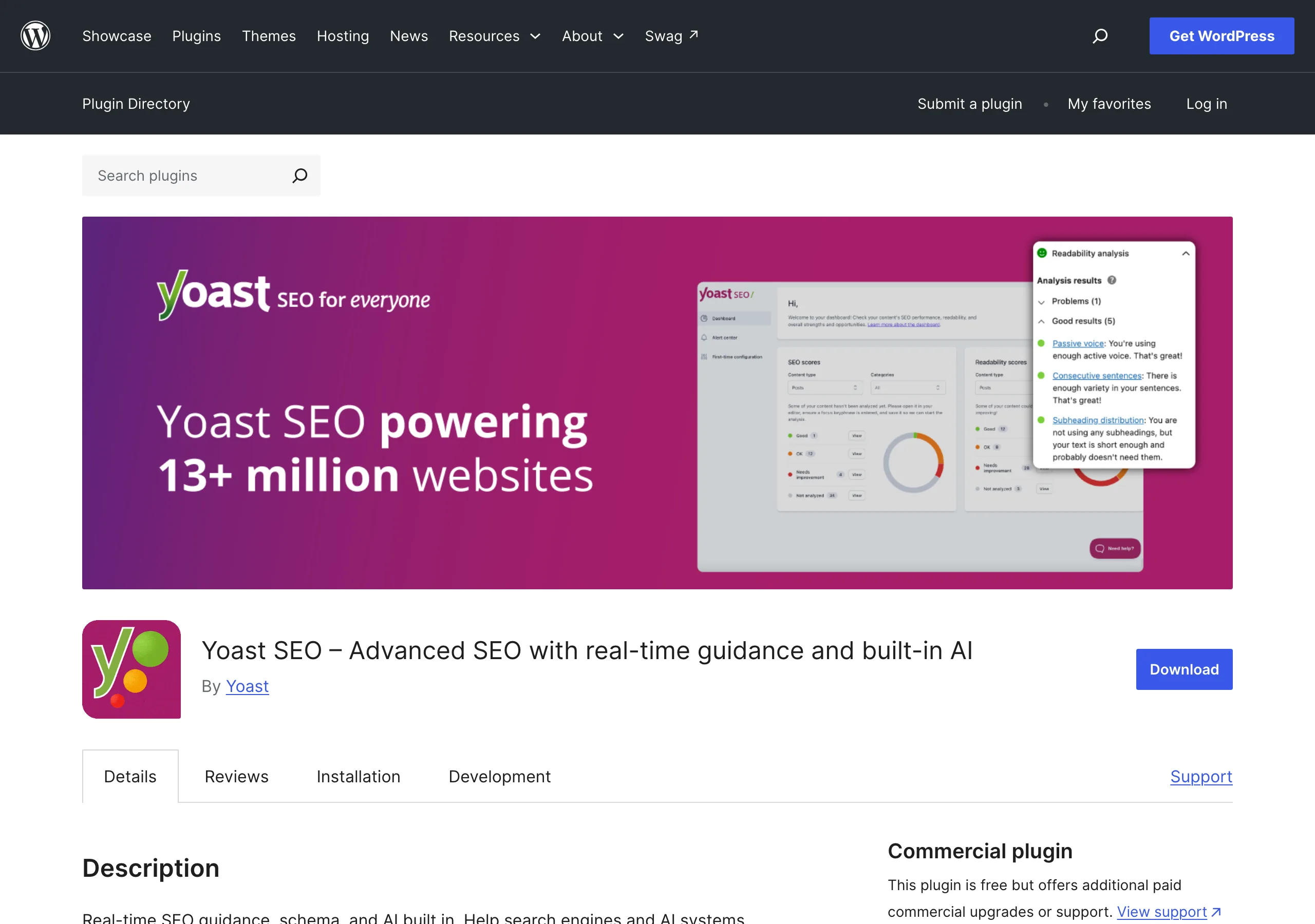 Yoast SEO listing on the WordPress.org plugin directory, captured 1 October 2026
