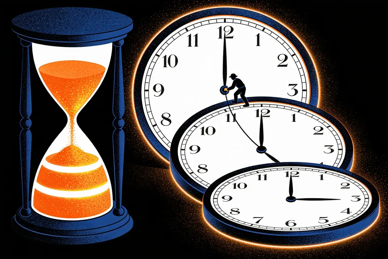 Hourglass beside three nested clock faces marking three distinct bands of time