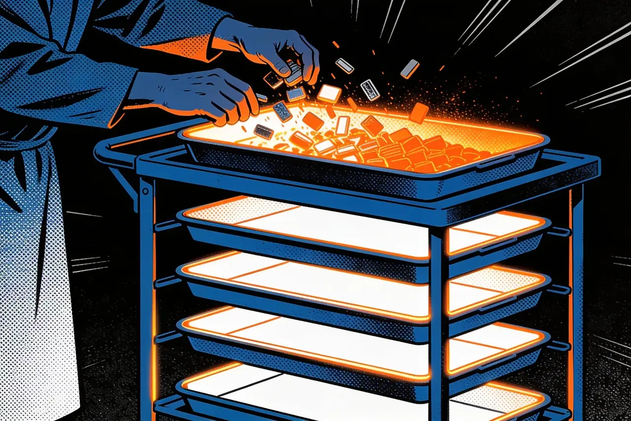 Figure sorting falling objects into four stacked trays with the top tray overflowing