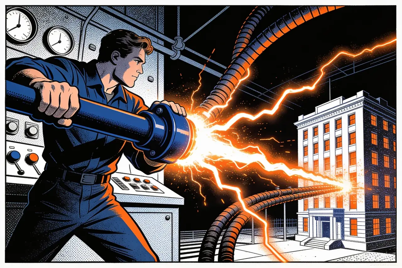 Engineer throwing a control-room lever as current surges toward a new building