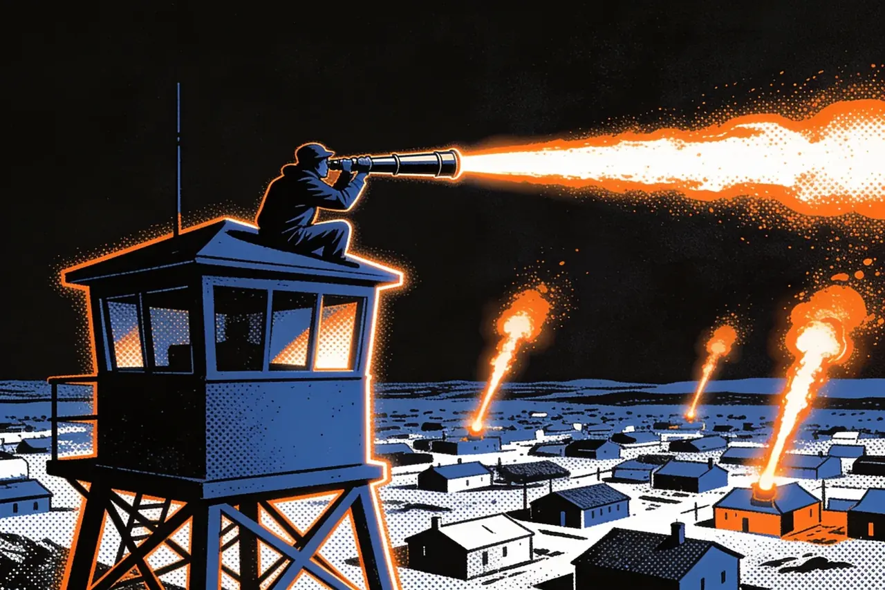 Watchtower figure scanning the horizon as signal flares rise from the settlement below