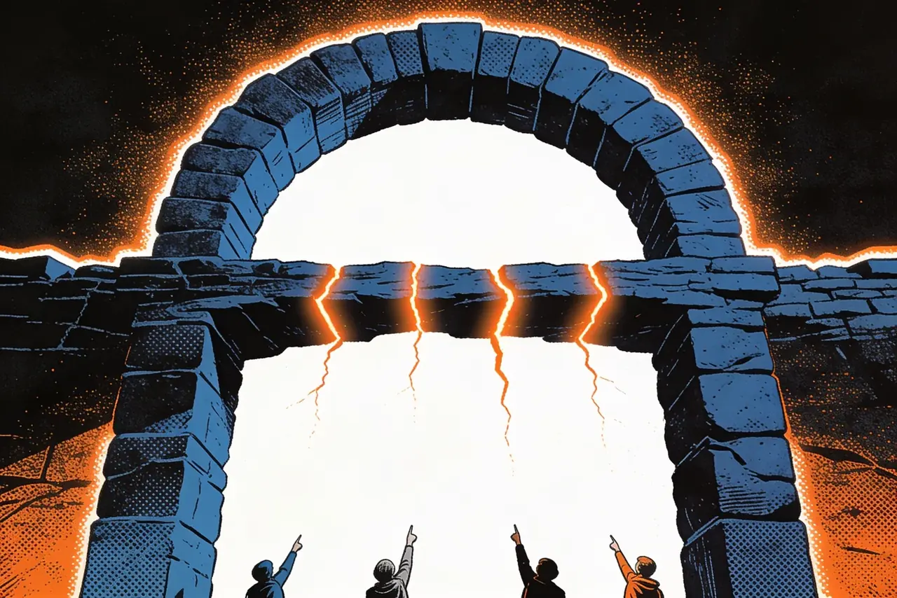 Stone archway split by four glowing cracks as figures below point up at the fractures