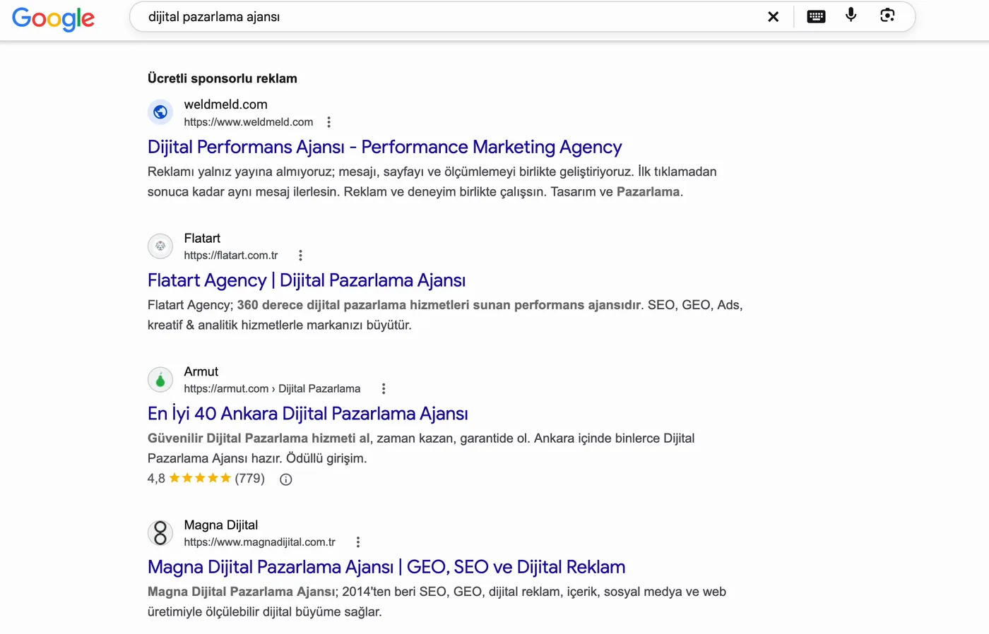 Google-Ergebnisse für „dijital pazarlama ajansı“ am 23. Oktober 2026: eine bezahlte Anzeige von weldmeld.com, danach die Startseite von Flatart als erstes organisches Ergebnis mit dem Titel „Flatart Agency | Dijital Pazarlama Ajansı“, vor Armuts „En İyi 40 Ankara Dijital Pazarlama Ajansı“ und Magna Dijital.