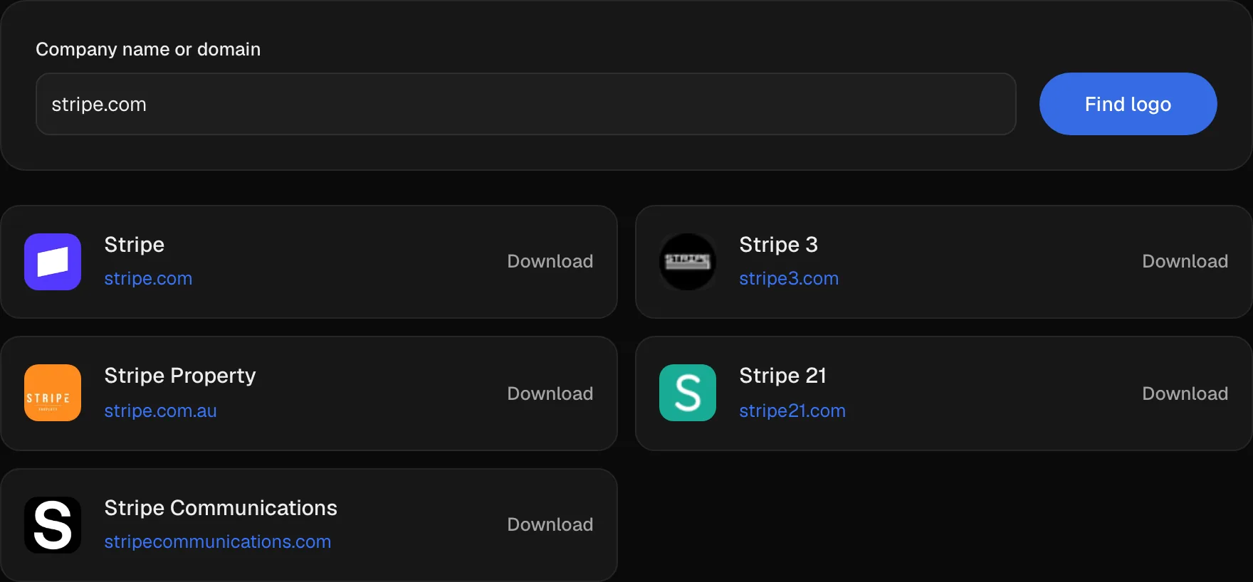 Firmenlogo-Abfrage für stripe.com mit Markenzeichen und kopierfertiger Endpunkt-URL