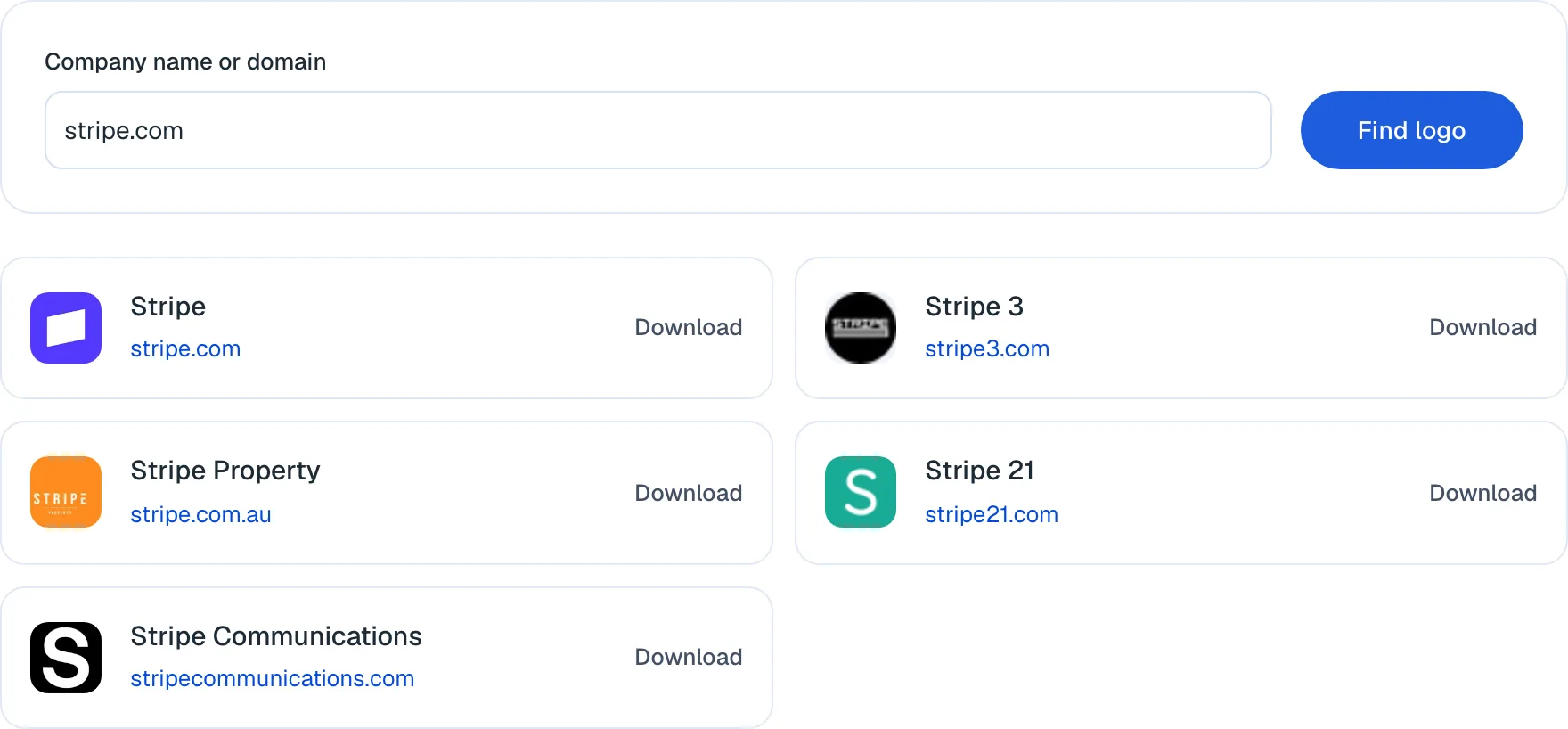 Firmenlogo-Abfrage für stripe.com mit Markenzeichen und kopierfertiger Endpunkt-URL