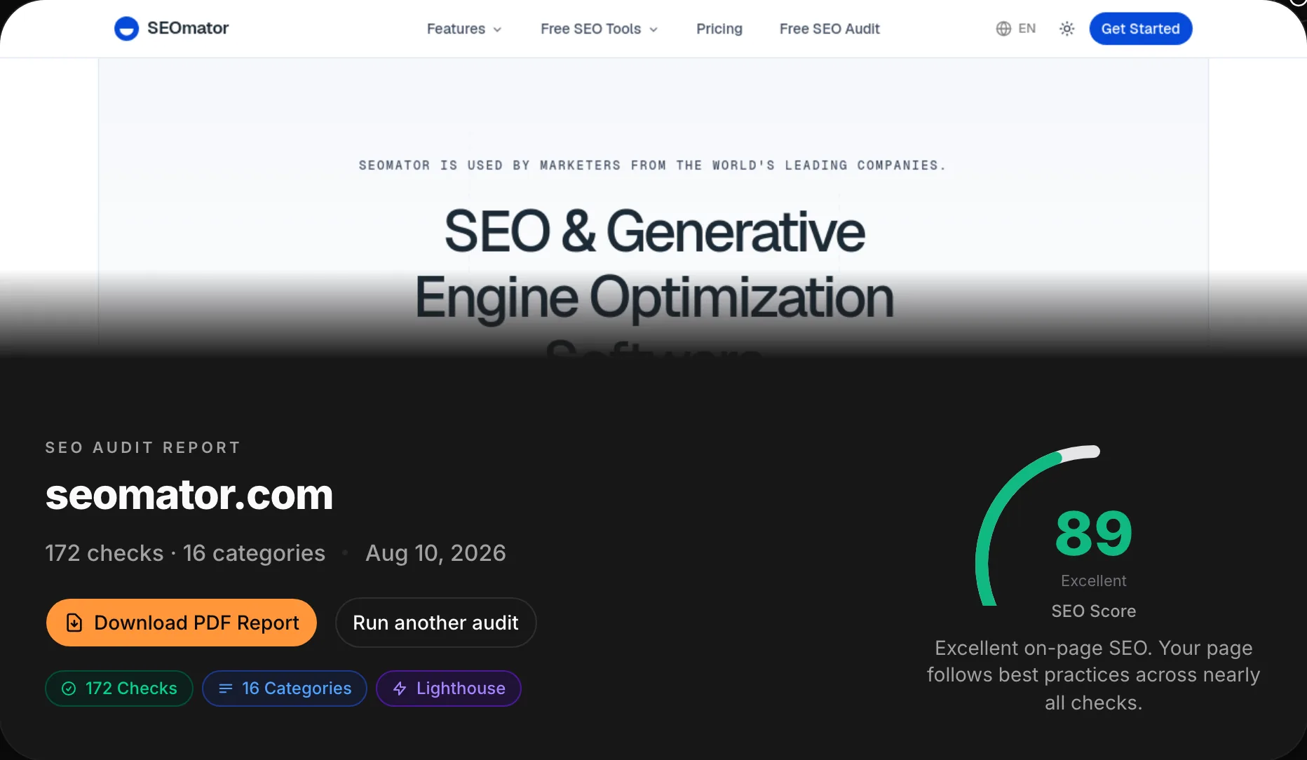 SEOmator-SEO-Audit-Bericht für seomator.com: 172 Checks in 16 Kategorien, SEO-Score 89, PDF-Export-Button