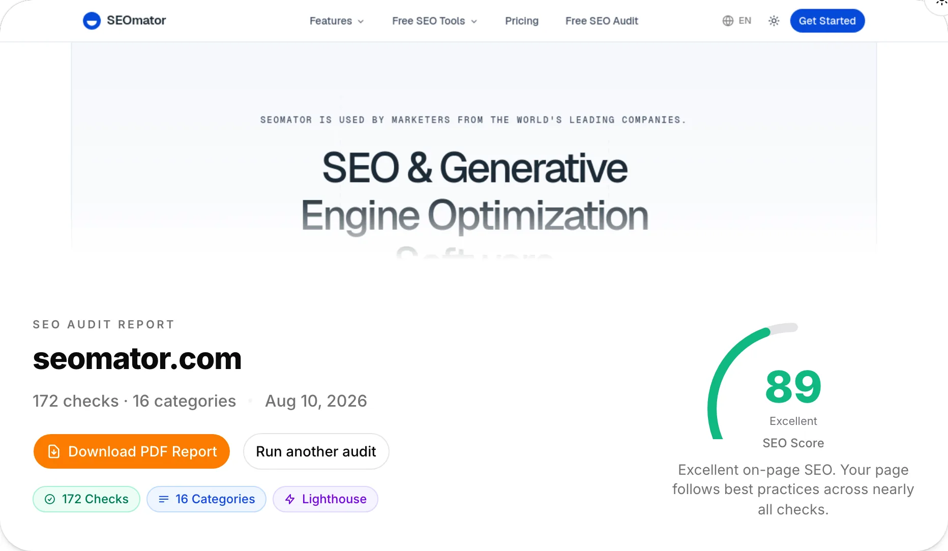 SEOmator-SEO-Audit-Bericht für seomator.com: 172 Checks in 16 Kategorien, SEO-Score 89, PDF-Export-Button