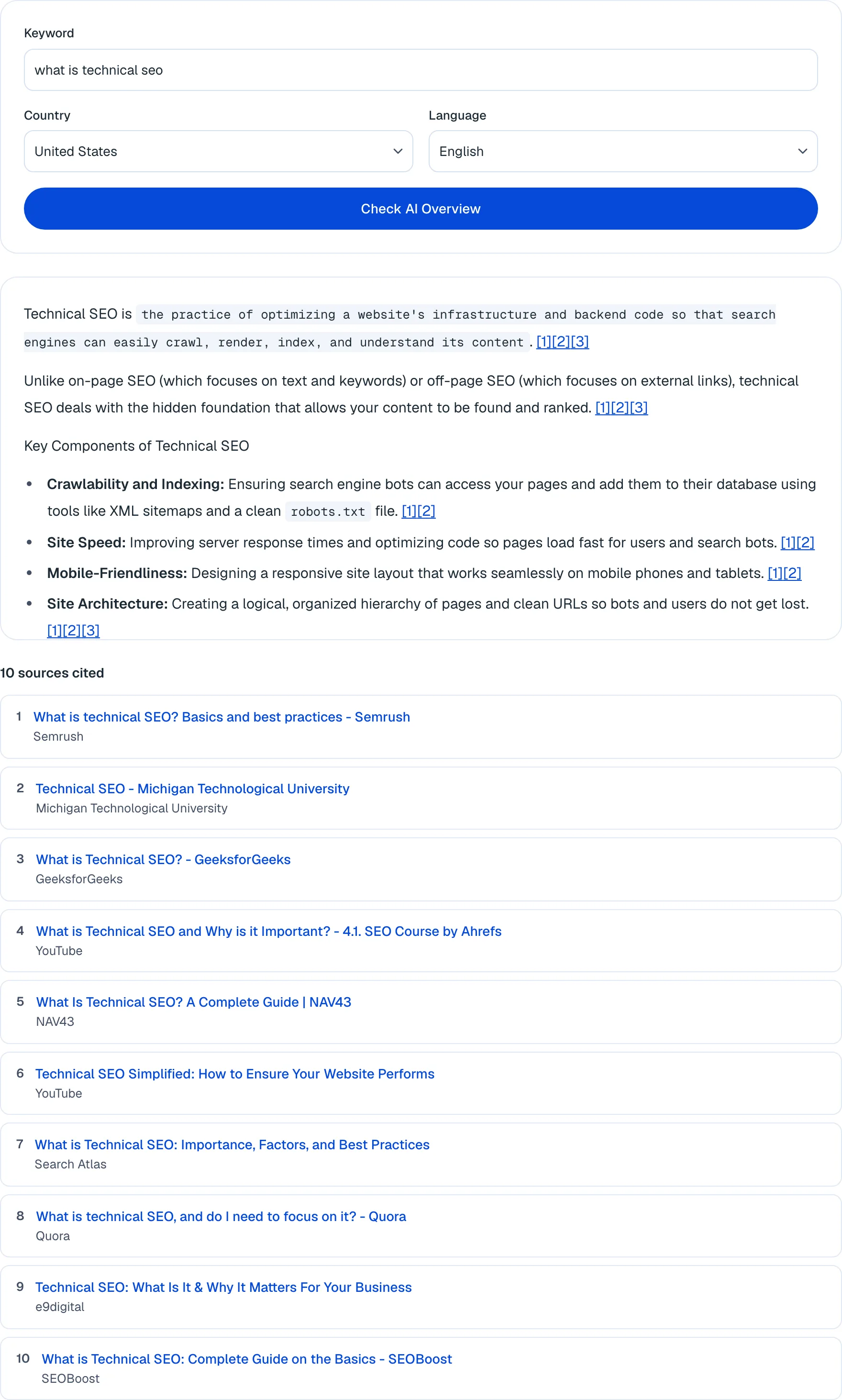 AI-Overview-Checker-Ergebnis für „what is technical seo“: die erzeugte Overview und 10 zitierte Quellen, darunter Semrush, eine Universität und zwei YouTube-Videos