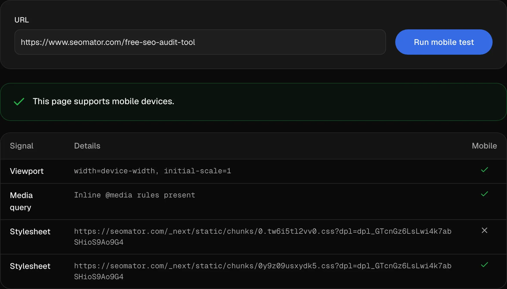 Mobile-friendly test results showing a viewport meta tag, inline media queries and two stylesheets, one flagged as not mobile-optimised