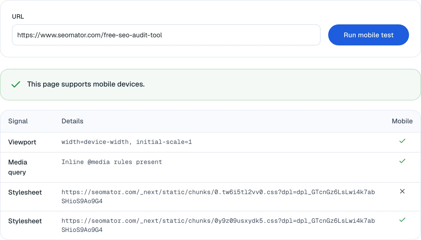Mobile-friendly test results showing a viewport meta tag, inline media queries and two stylesheets, one flagged as not mobile-optimised