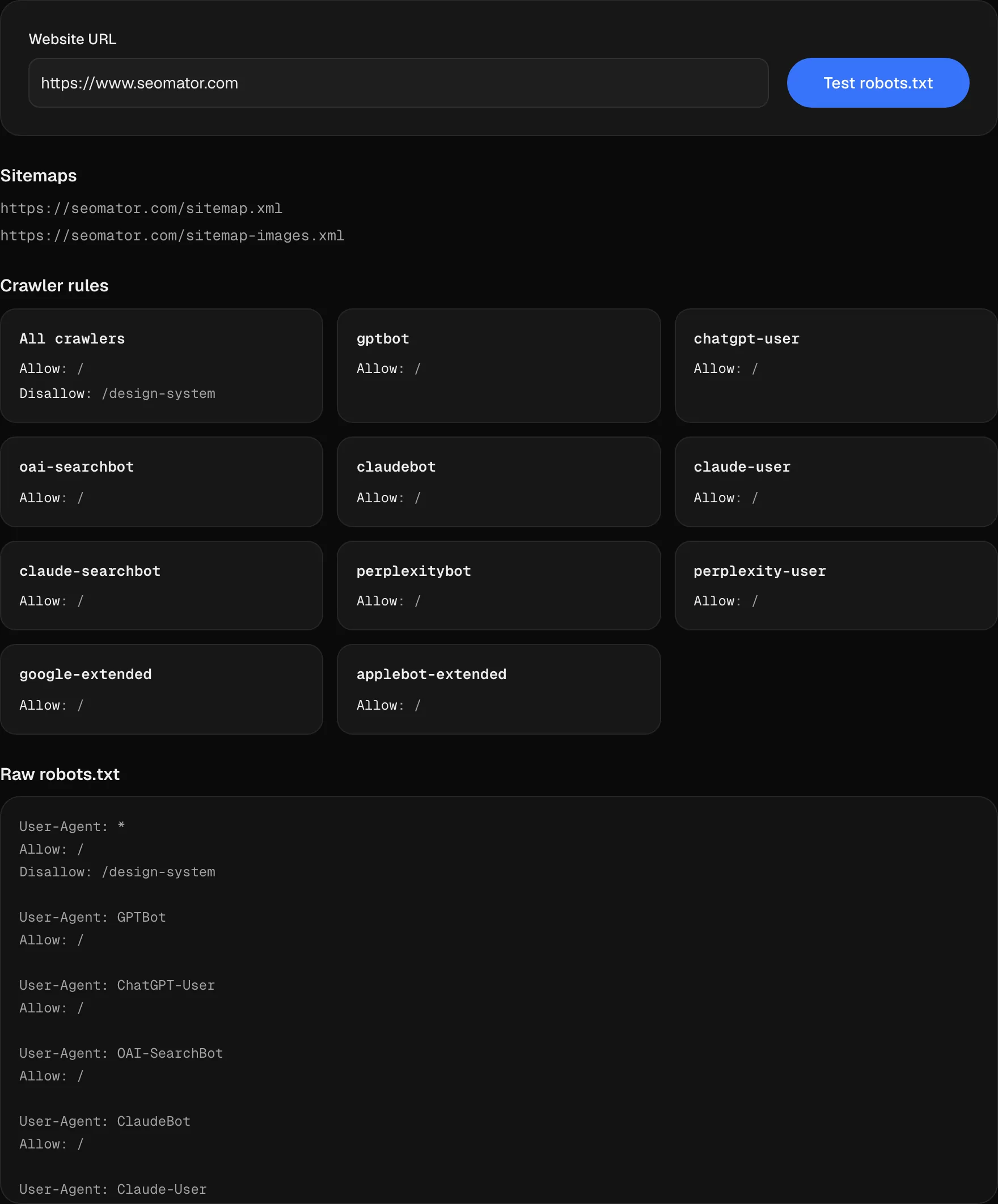 Robots.txt-Tester-Ergebnis für seomator.com mit 11 Crawler-Regelgruppen inklusive GPTBot und ClaudeBot sowie 2 deklarierten Sitemaps